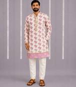 Off white purple printed cotton silk Men Kurta Set