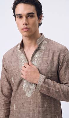 Brown salsa fabric kurta with lachaka fabric bootcut pants, ethnic partywear ensemble. 2