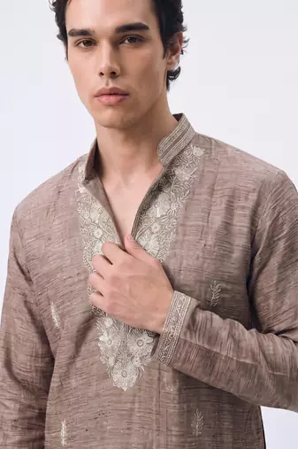 Brown salsa fabric kurta with lachaka fabric bootcut pants, ethnic partywear ensemble.