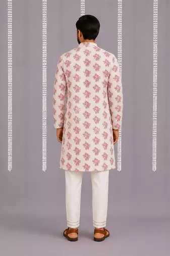 Off white purple printed cotton silk Men Kurta Set