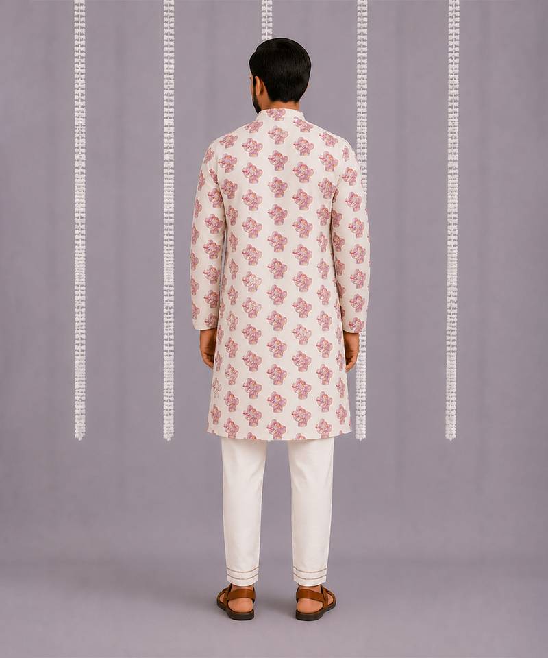 Off white purple printed cotton silk Men Kurta Set