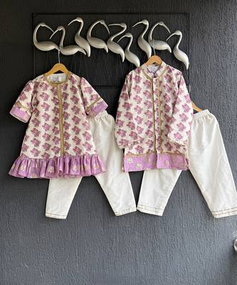 Off white purple printed cotton silk Men Kurta Set 3
