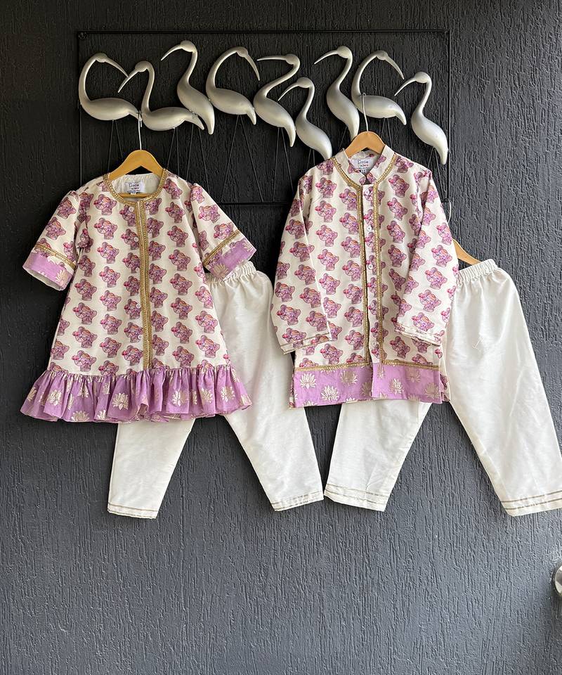 Off white purple printed cotton silk Men Kurta Set