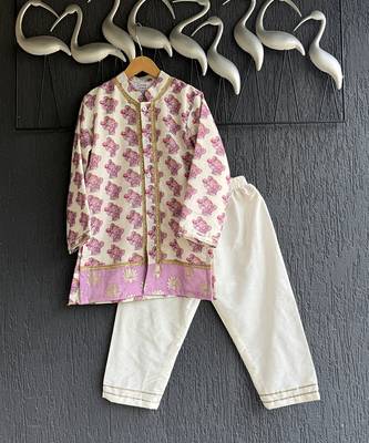 Off white purple printed cotton silk Men Kurta Set 4