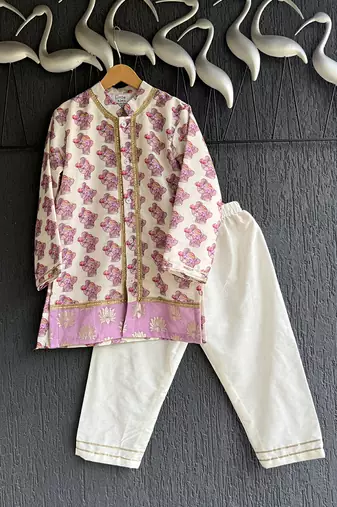 Off white purple printed cotton silk Men Kurta Set