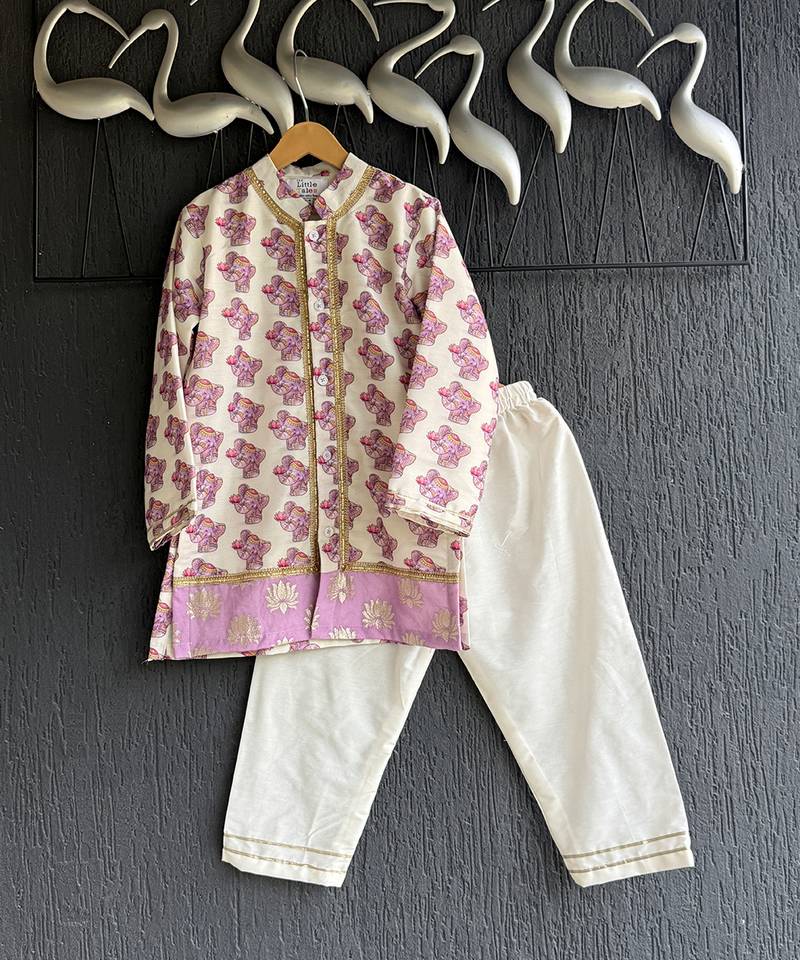 Off white purple printed cotton silk Men Kurta Set