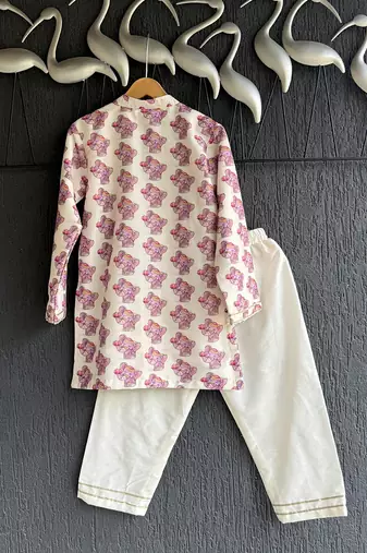 Off white purple printed cotton silk Men Kurta Set