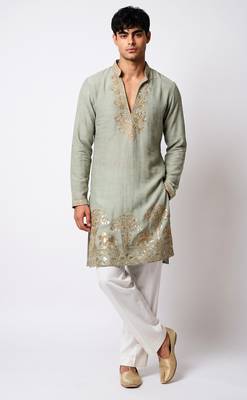 Green salsa fabric kurta with lachaka fabric bootcut pants, ethnic partywear ensemble. 1
