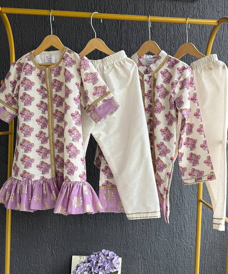 Off white purple printed cotton silk Men Kurta Set