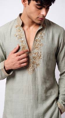 Green salsa fabric kurta with lachaka fabric bootcut pants, ethnic partywear ensemble. 2
