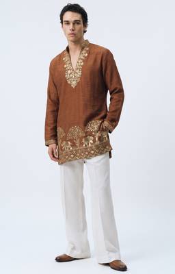 Brown salsa fabric kurta with lachaka fabric bootcut pants, ethnic partywear ensemble. 1