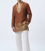 Brown salsa fabric kurta with lachaka fabric bootcut pants, ethnic partywear ensemble.