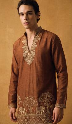 Brown salsa fabric kurta with lachaka fabric bootcut pants, ethnic partywear ensemble. 2