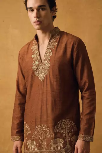 Brown salsa fabric kurta with lachaka fabric bootcut pants, ethnic partywear ensemble.