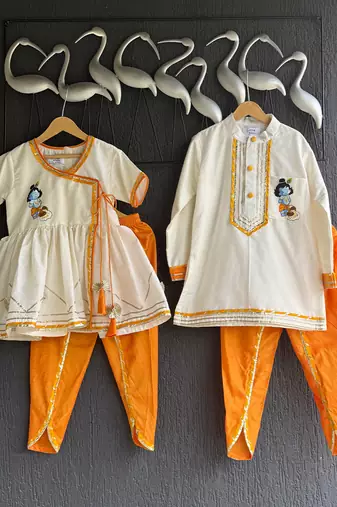 Off white and Orange printed cotton silk kurta set