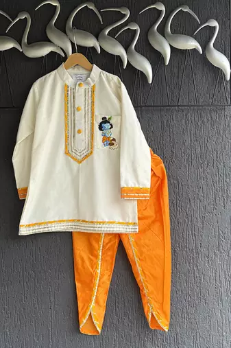 Off white and Orange printed cotton silk kurta set