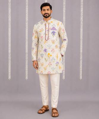 Off white printed cotton silk kurta set 1