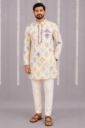 Off white printed cotton silk kurta set