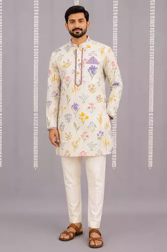 Off white printed cotton silk kurta set