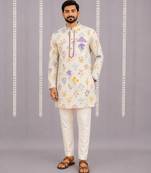Off white printed cotton silk kurta set