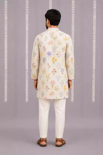 Off white printed cotton silk kurta set