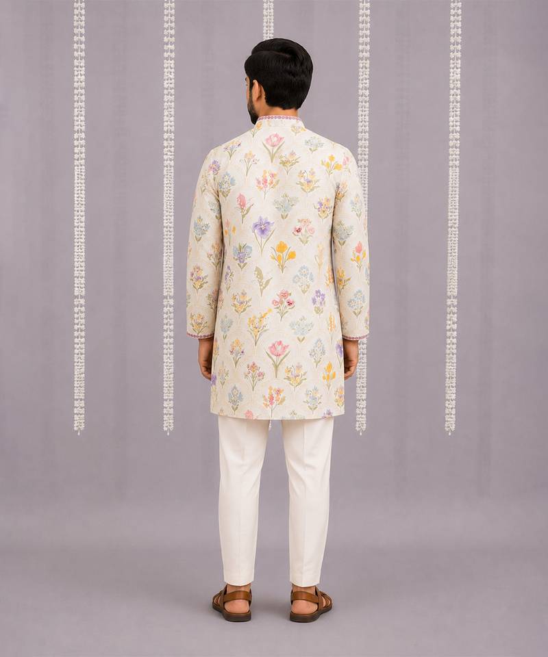 Off white printed cotton silk kurta set