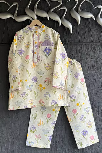 Off white printed cotton silk kurta set