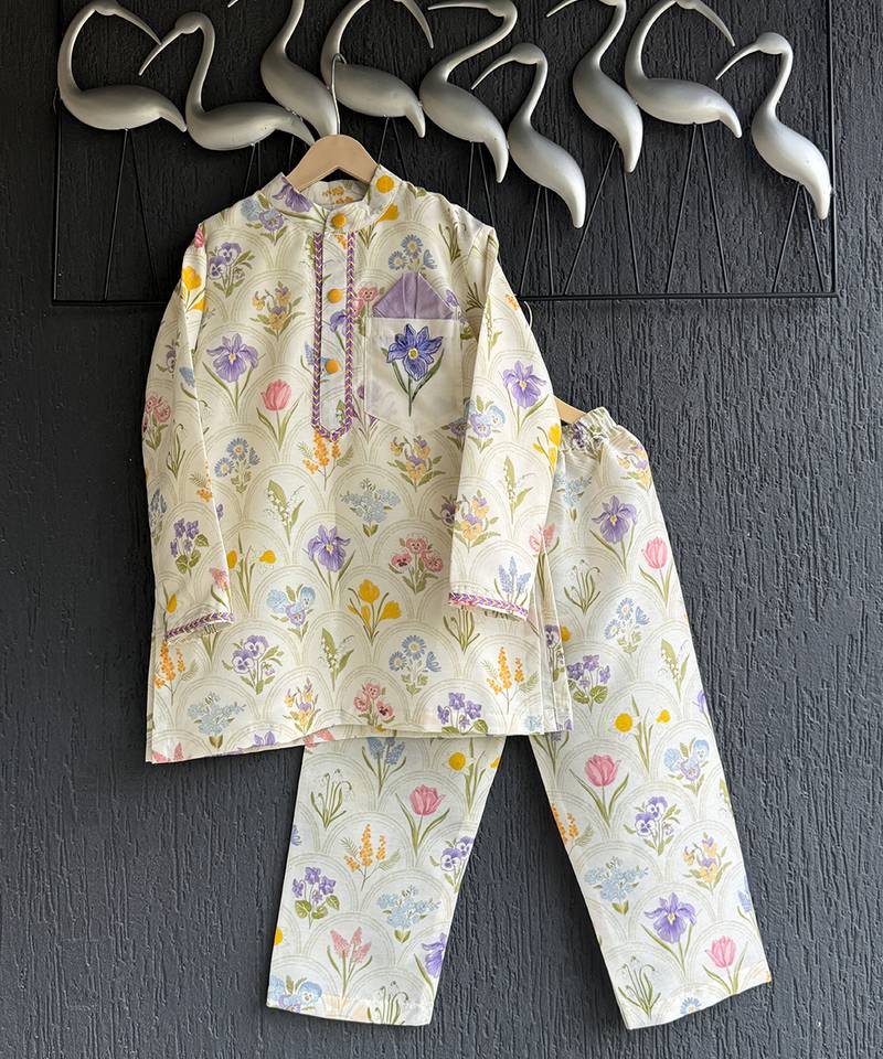 Off white printed cotton silk kurta set
