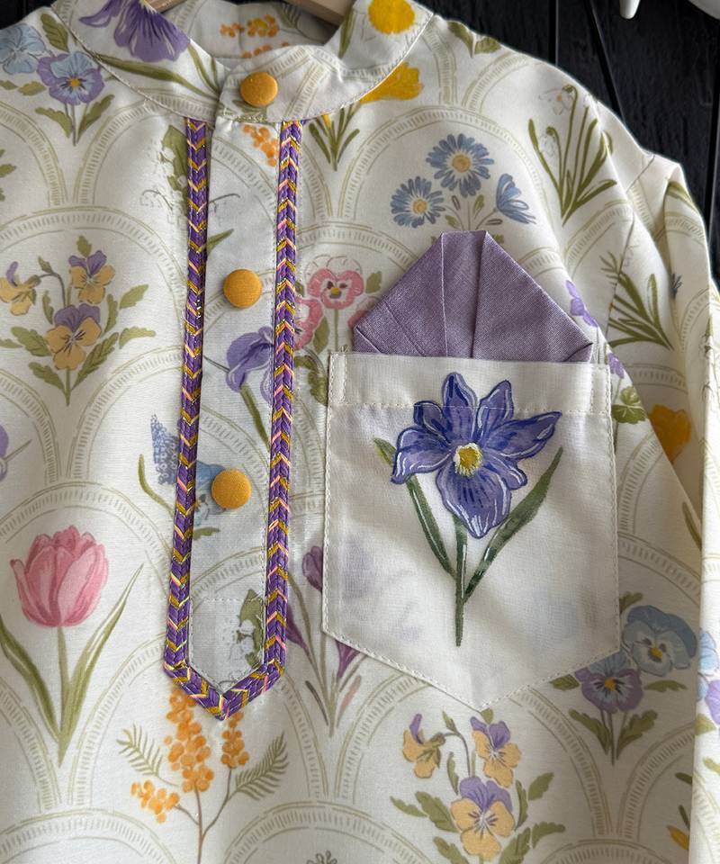 Off white printed cotton silk kurta set