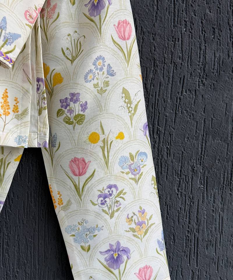 Off white printed cotton silk kurta set