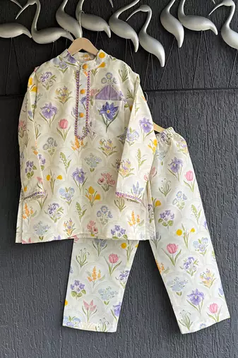 Off white printed cotton silk kurta set