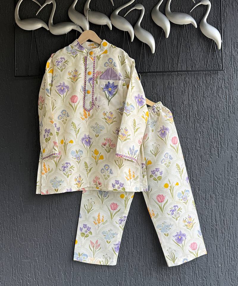 Off white printed cotton silk kurta set