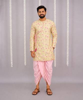 Yellow printed cotton silk dhoti kurta set 1