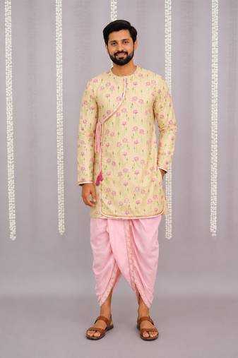 Yellow printed cotton silk dhoti kurta set
