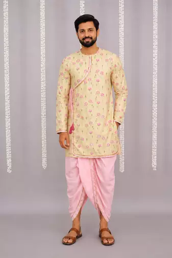 Yellow printed cotton silk dhoti kurta set