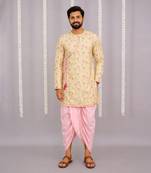 Yellow printed cotton silk dhoti kurta set