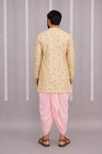 Yellow printed cotton silk dhoti kurta set