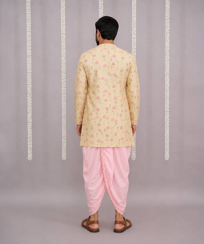 Yellow printed cotton silk dhoti kurta set