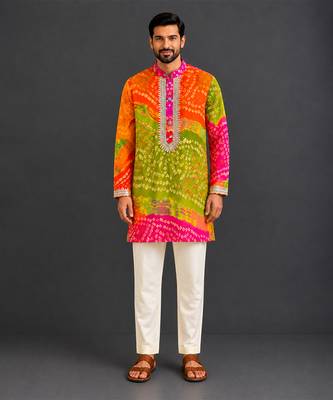 multicolor printed cotton silk men kurta set 1