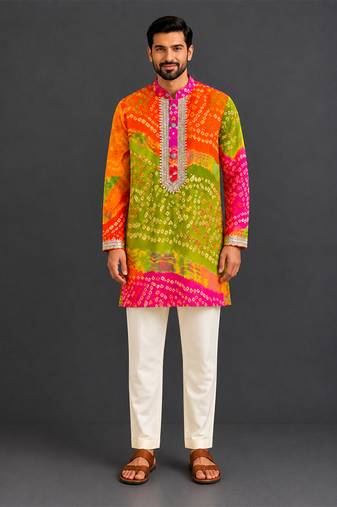 multicolor printed cotton silk men kurta set