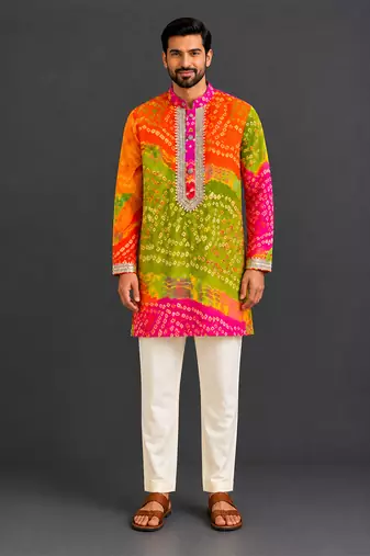 multicolor printed cotton silk men kurta set