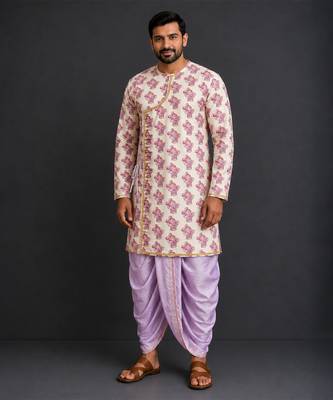 Off white purple printed cotton silk Men dhoti Kurta Set 1