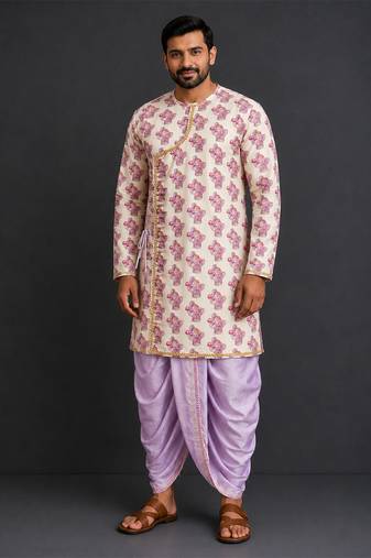 Off white purple printed cotton silk Men dhoti Kurta Set