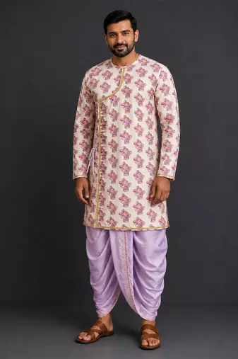 Off white purple printed cotton silk Men dhoti Kurta Set