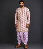 Off white purple printed cotton silk Men dhoti Kurta Set
