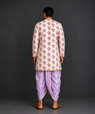 Off white purple printed cotton silk Men dhoti Kurta Set 2