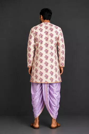 Off white purple printed cotton silk Men dhoti Kurta Set