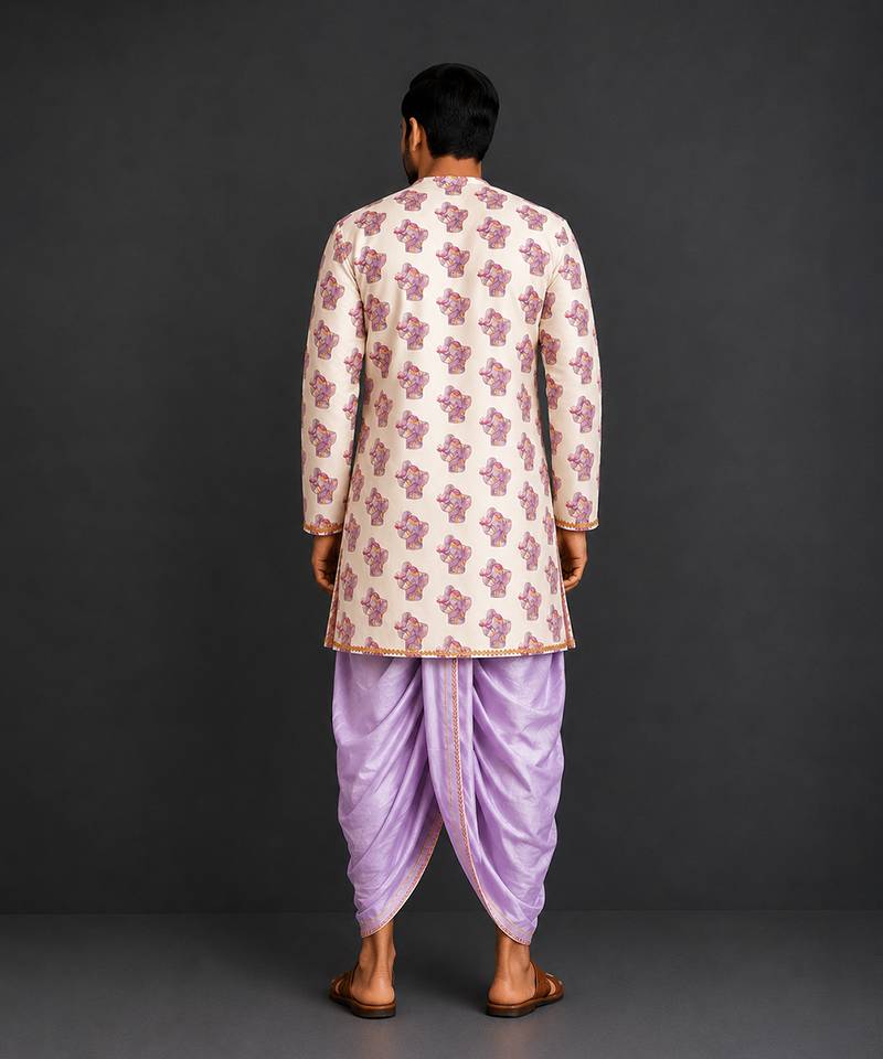 Off white purple printed cotton silk Men dhoti Kurta Set