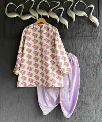 Off white purple printed cotton silk Men dhoti Kurta Set 3