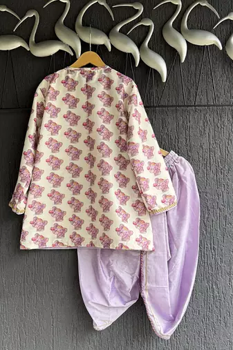 Off white purple printed cotton silk Men dhoti Kurta Set